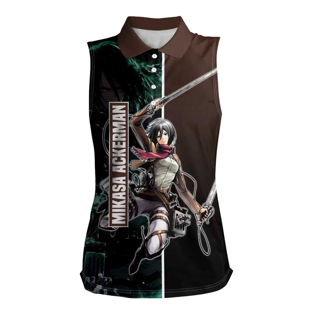 Mikasa Ackerman from Attack on Titan Women Sleeveless Polo Shirt with Sword and Action Pose Design - The Mazicc