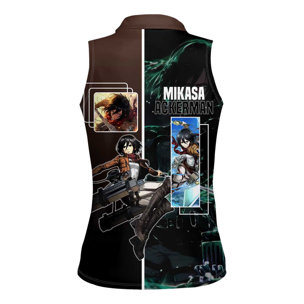 Mikasa Ackerman from Attack on Titan Women Sleeveless Polo Shirt with Sword and Action Pose Design - The Mazicc