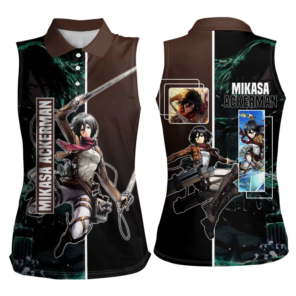 Mikasa Ackerman from Attack on Titan Women Sleeveless Polo Shirt with Sword and Action Pose Design - The Mazicc