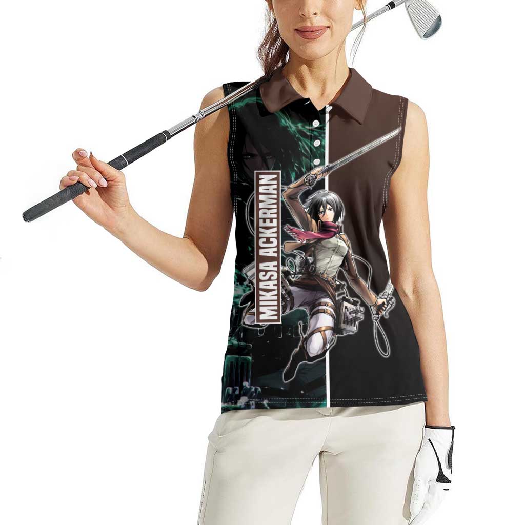 Mikasa Ackerman from Attack on Titan Women Sleeveless Polo Shirt with Sword and Action Pose Design - The Mazicc