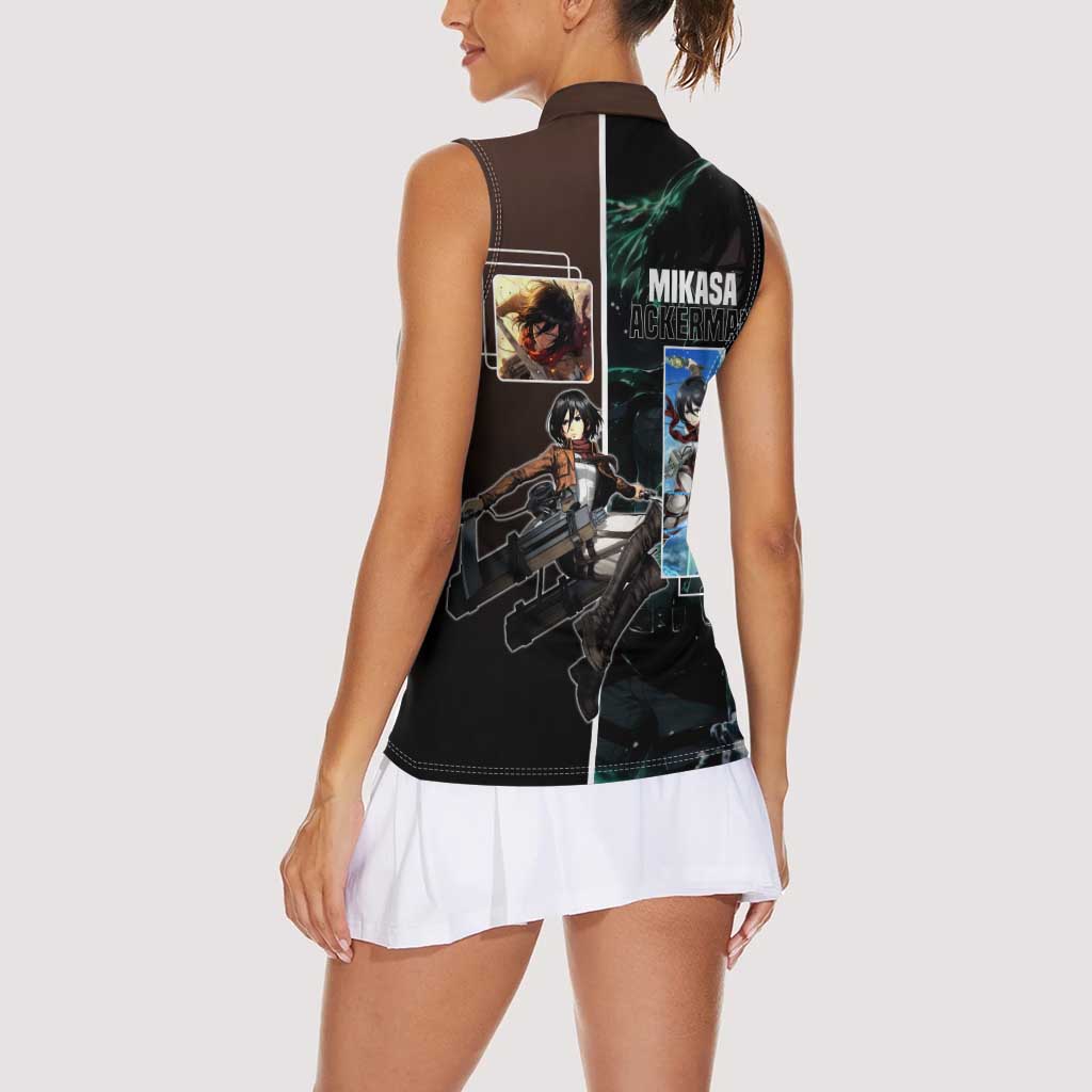 Mikasa Ackerman from Attack on Titan Women Sleeveless Polo Shirt with Sword and Action Pose Design - The Mazicc
