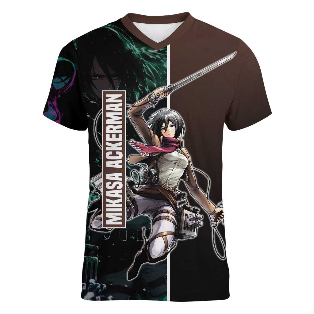 Mikasa Ackerman from Attack on Titan Women V-Neck T-Shirt with Sword and Action Pose Design - The Mazicc