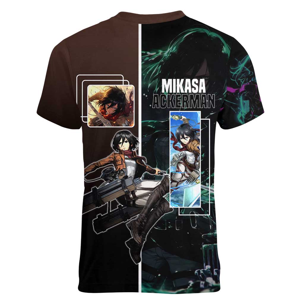 Mikasa Ackerman from Attack on Titan Women V-Neck T-Shirt with Sword and Action Pose Design - The Mazicc