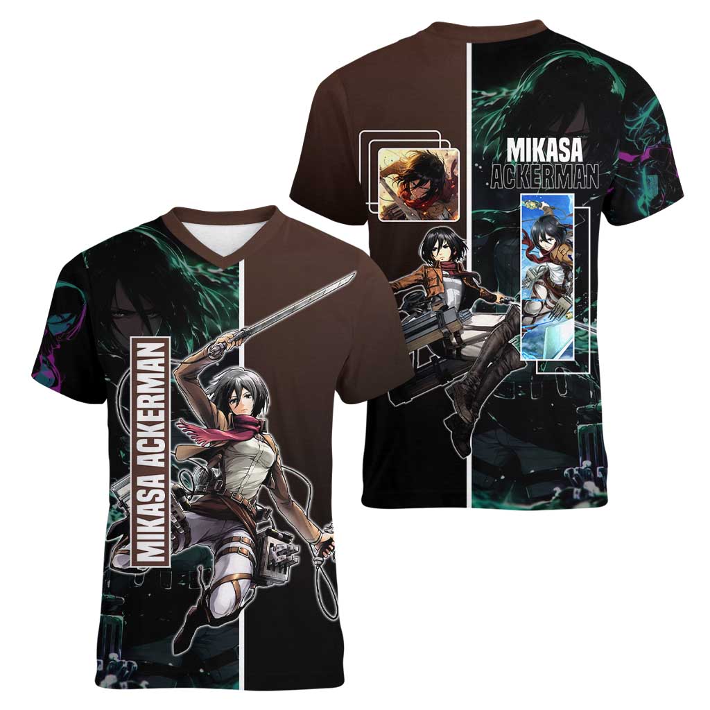 Mikasa Ackerman from Attack on Titan Women V-Neck T-Shirt with Sword and Action Pose Design - The Mazicc