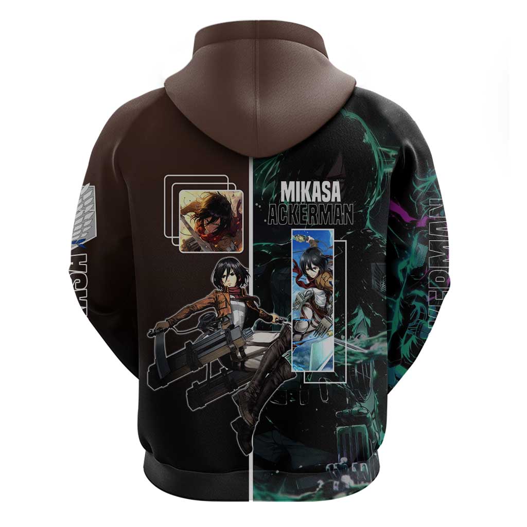 Mikasa Ackerman from Attack on Titan Zip Hoodie with Sword and Action Pose Design - The Mazicc