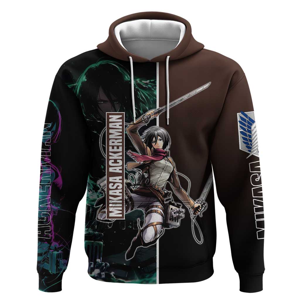 Mikasa Ackerman from Attack on Titan Zip Hoodie with Sword and Action Pose Design - The Mazicc