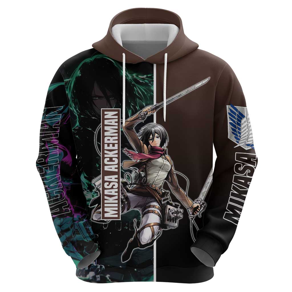 Mikasa Ackerman from Attack on Titan Zip Hoodie with Sword and Action Pose Design - The Mazicc