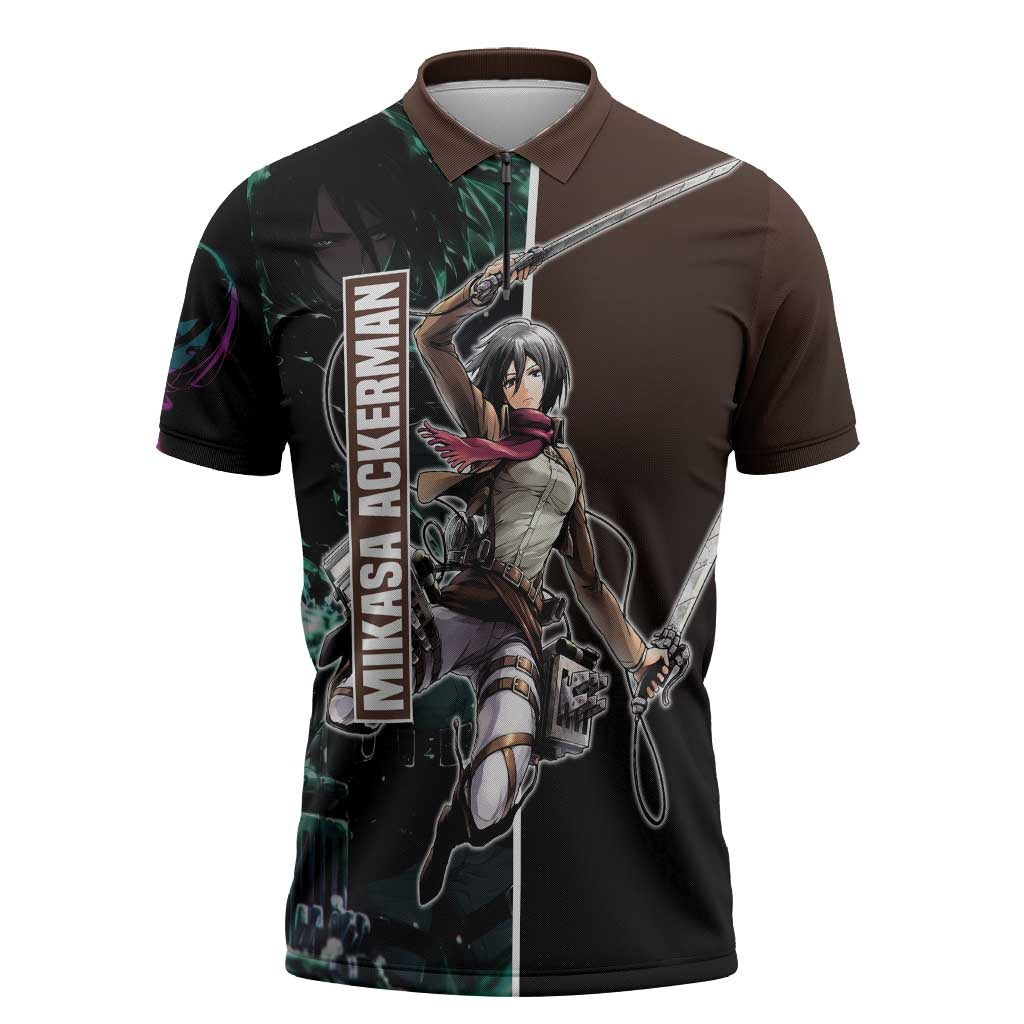Mikasa Ackerman from Attack on Titan Zipper Polo Shirt with Sword and Action Pose Design - The Mazicc