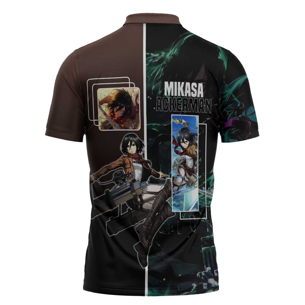 Mikasa Ackerman from Attack on Titan Zipper Polo Shirt with Sword and Action Pose Design - The Mazicc