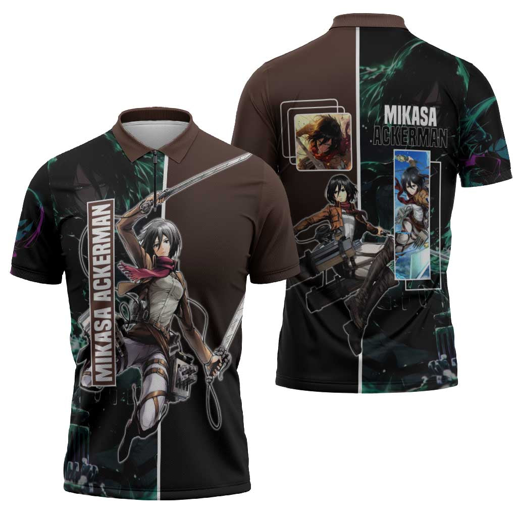 Mikasa Ackerman from Attack on Titan Zipper Polo Shirt with Sword and Action Pose Design - The Mazicc