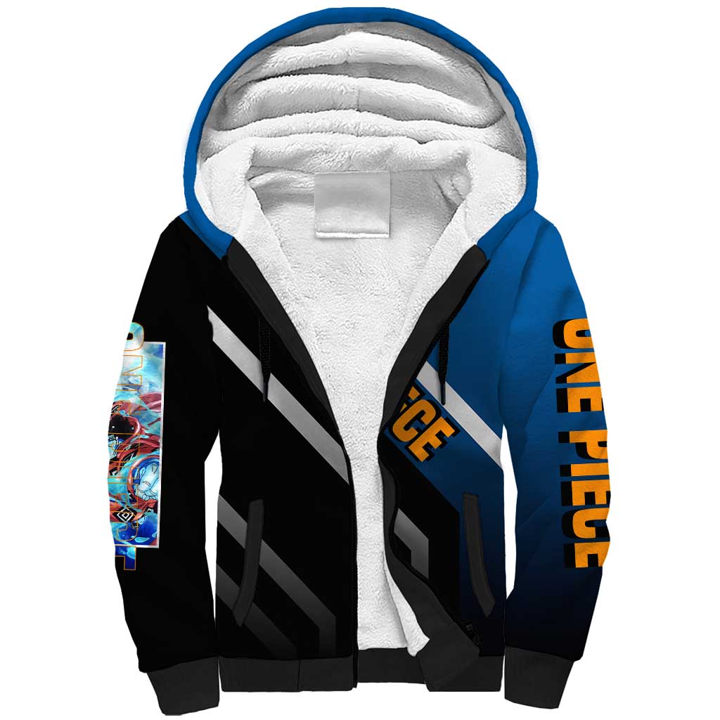 Jinbei One Piece Sherpa Hoodie with Fish-Man Warrior Pose and Ocean-Inspired Design - The Mazicc
