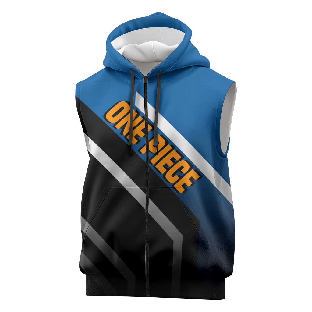 Jinbei One Piece Sleeveless Zip Hoodie with Fish-Man Warrior Pose and Ocean-Inspired Design - The Mazicc