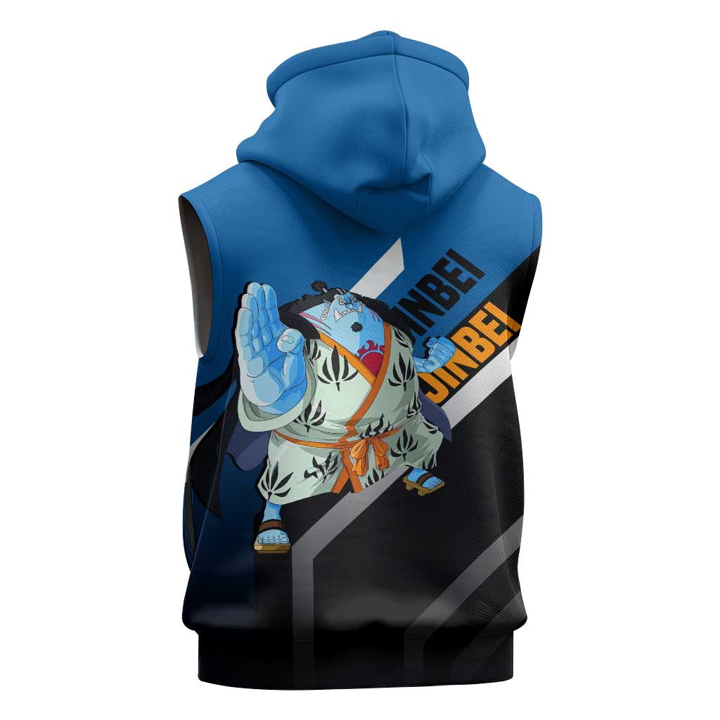 Jinbei One Piece Sleeveless Zip Hoodie with Fish-Man Warrior Pose and Ocean-Inspired Design - The Mazicc