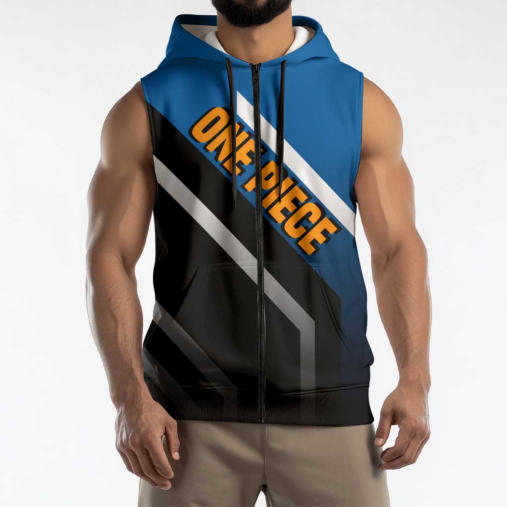 Jinbei One Piece Sleeveless Zip Hoodie with Fish-Man Warrior Pose and Ocean-Inspired Design - The Mazicc
