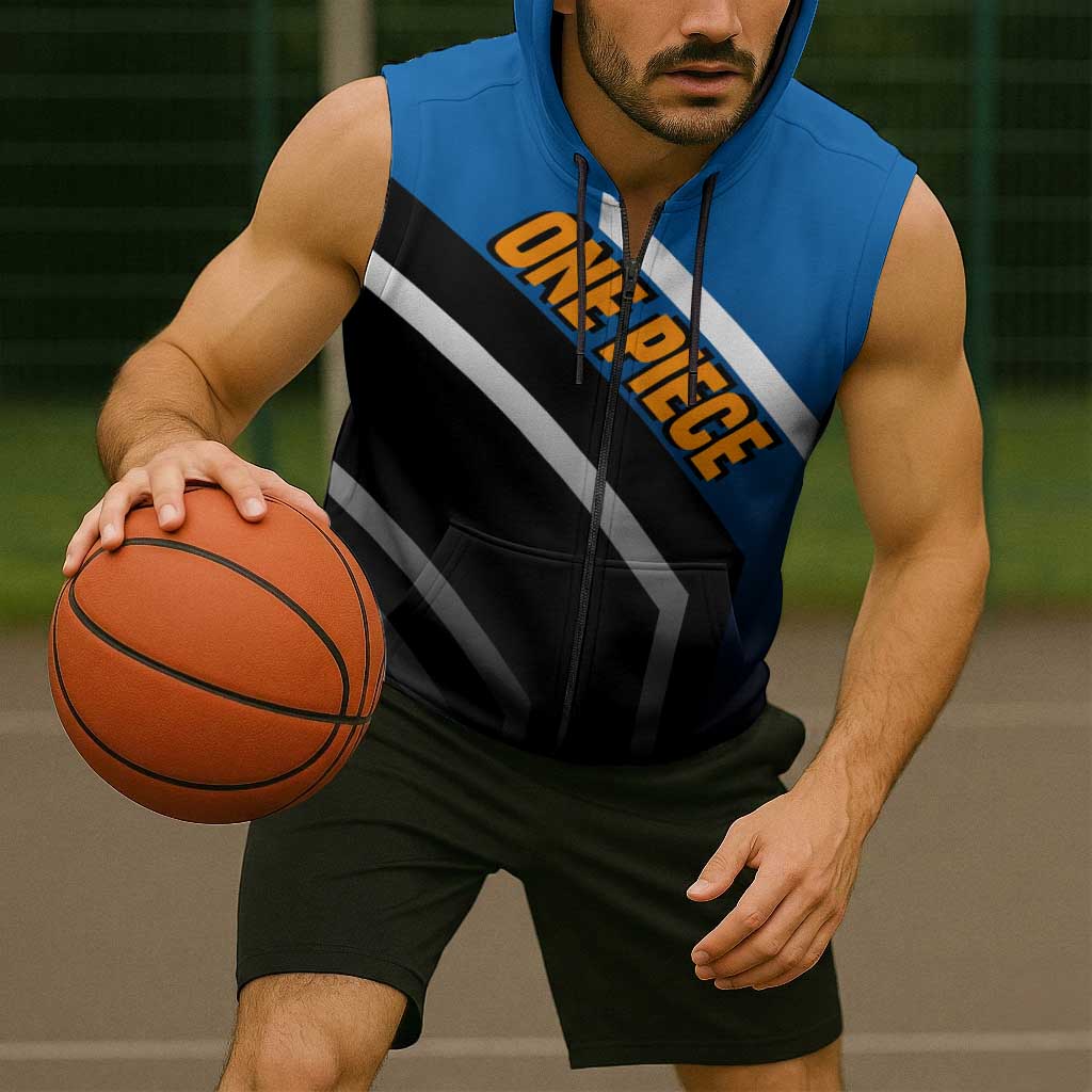 Jinbei One Piece Sleeveless Zip Hoodie with Fish-Man Warrior Pose and Ocean-Inspired Design - The Mazicc