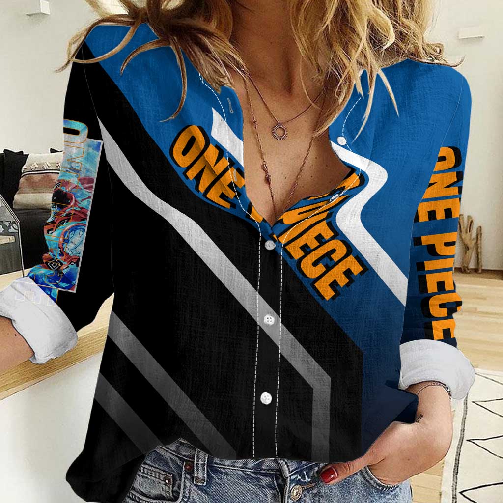 Jinbei One Piece Women Casual Shirt with Fish-Man Warrior Pose and Ocean-Inspired Design - The Mazicc