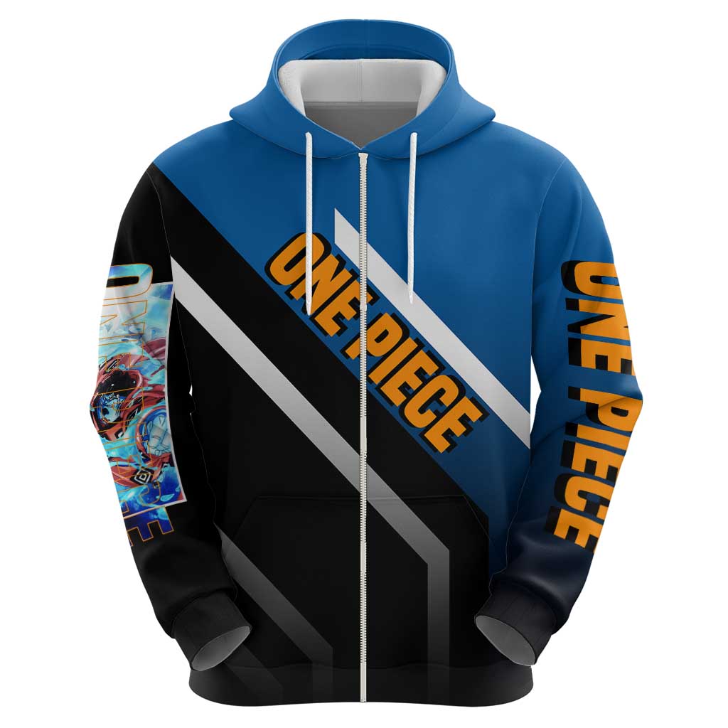 Jinbei One Piece Zip Hoodie with Fish-Man Warrior Pose and Ocean-Inspired Design - The Mazicc