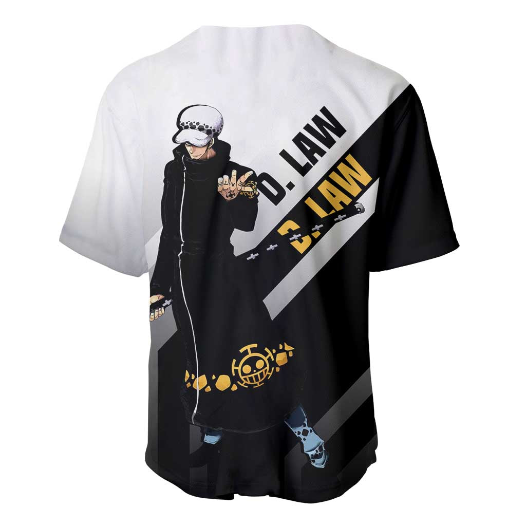 Trafalgar D. Law One Piece Baseball Jersey with Sword and Strategic Battle Pose Design - The Mazicc