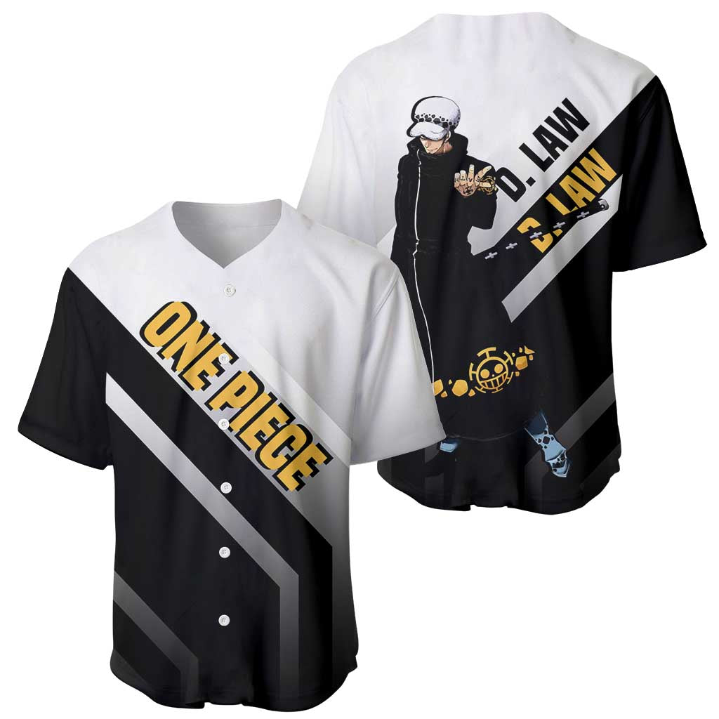 Trafalgar D. Law One Piece Baseball Jersey with Sword and Strategic Battle Pose Design - The Mazicc