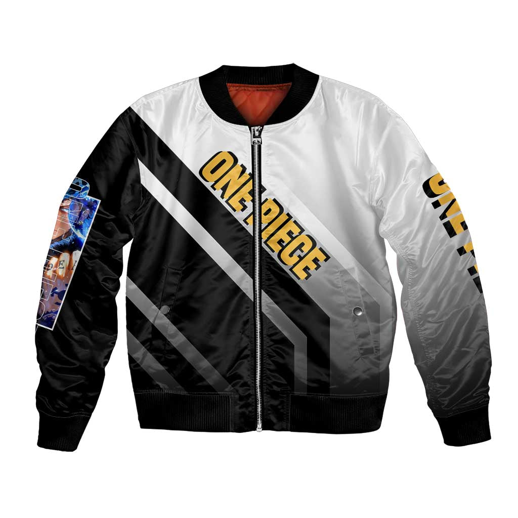 Trafalgar D. Law One Piece Bomber Jacket with Sword and Strategic Battle Pose Design - The Mazicc