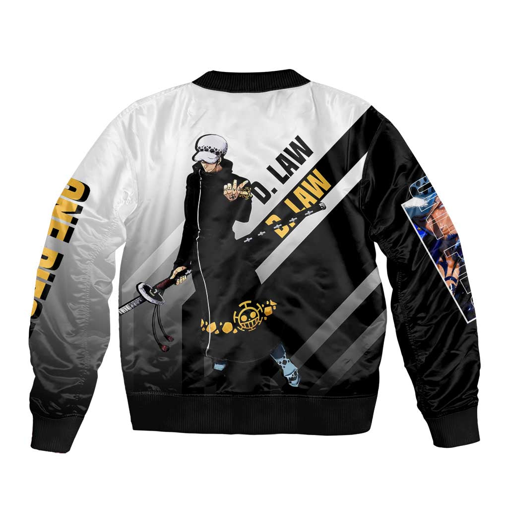 Trafalgar D. Law One Piece Bomber Jacket with Sword and Strategic Battle Pose Design - The Mazicc
