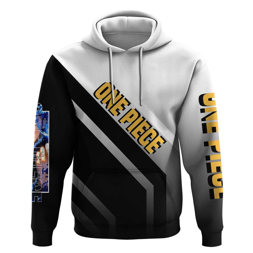 Trafalgar D. Law One Piece Hoodie with Sword and Strategic Battle Pose Design - The Mazicc