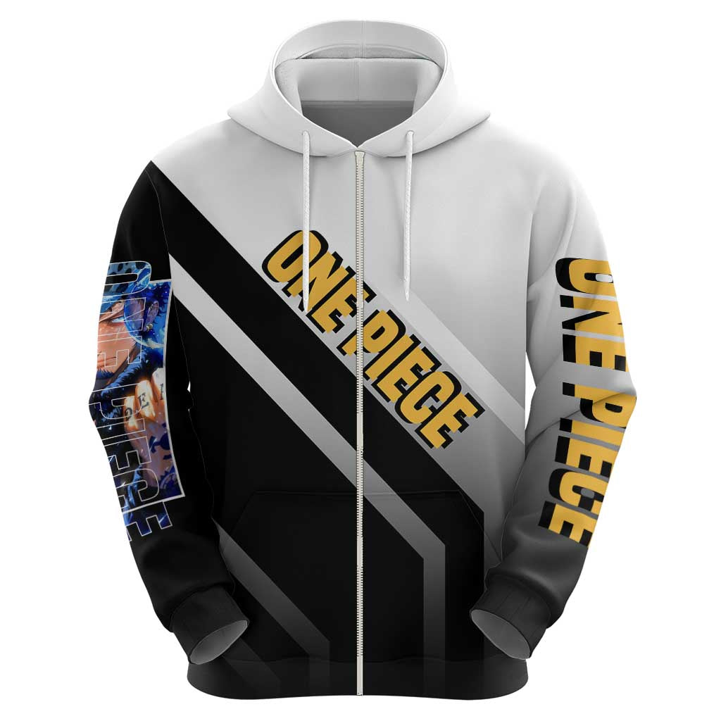 Trafalgar D. Law One Piece Hoodie with Sword and Strategic Battle Pose Design - The Mazicc