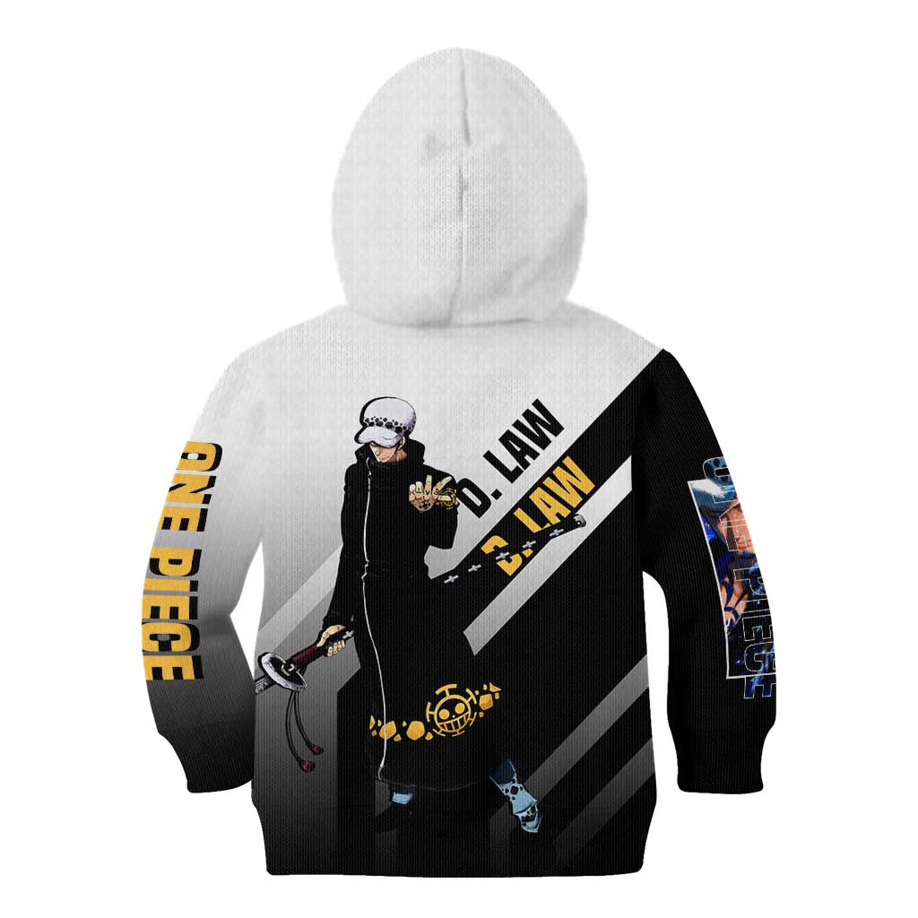 Trafalgar D. Law One Piece Kid Hoodie with Sword and Strategic Battle Pose Design - The Mazicc