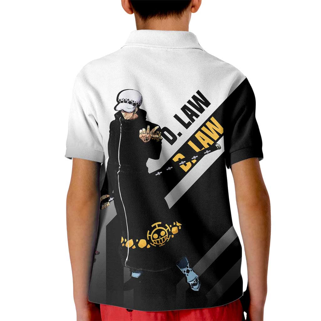 Trafalgar D. Law One Piece Kid Polo Shirt with Sword and Strategic Battle Pose Design - The Mazicc