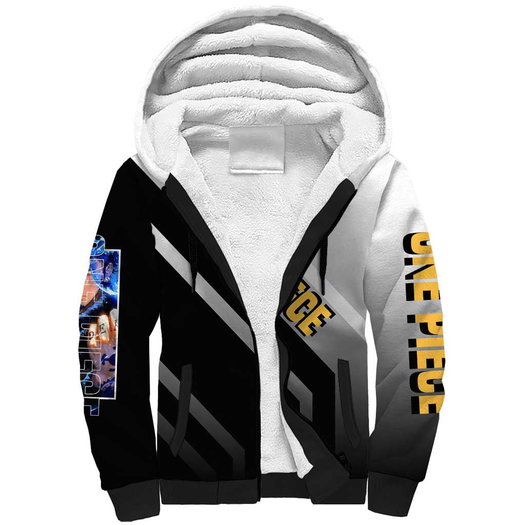 Trafalgar D. Law One Piece Sherpa Hoodie with Sword and Strategic Battle Pose Design - The Mazicc