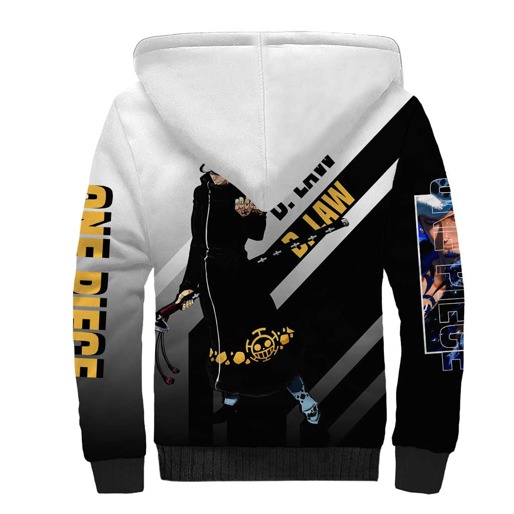 Trafalgar D. Law One Piece Sherpa Hoodie with Sword and Strategic Battle Pose Design - The Mazicc