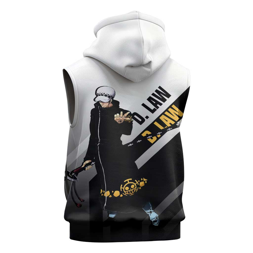 Trafalgar D. Law One Piece Sleeveless Hoodie with Sword and Strategic Battle Pose Design - The Mazicc