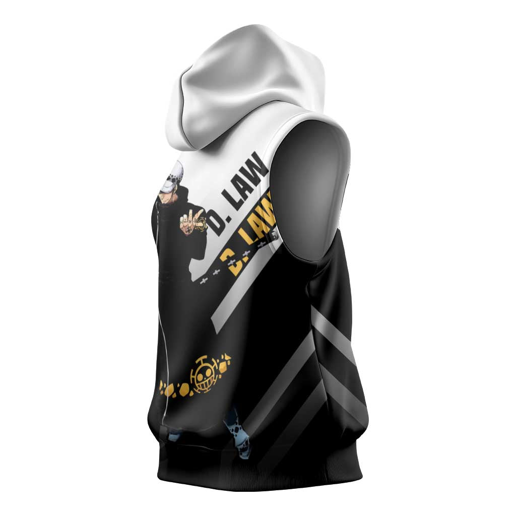 Trafalgar D. Law One Piece Sleeveless Hoodie with Sword and Strategic Battle Pose Design - The Mazicc