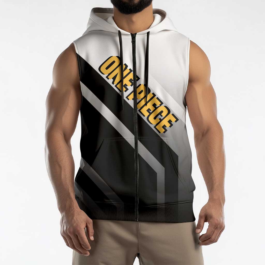 Trafalgar D. Law One Piece Sleeveless Zip Hoodie with Sword and Strategic Battle Pose Design - The Mazicc
