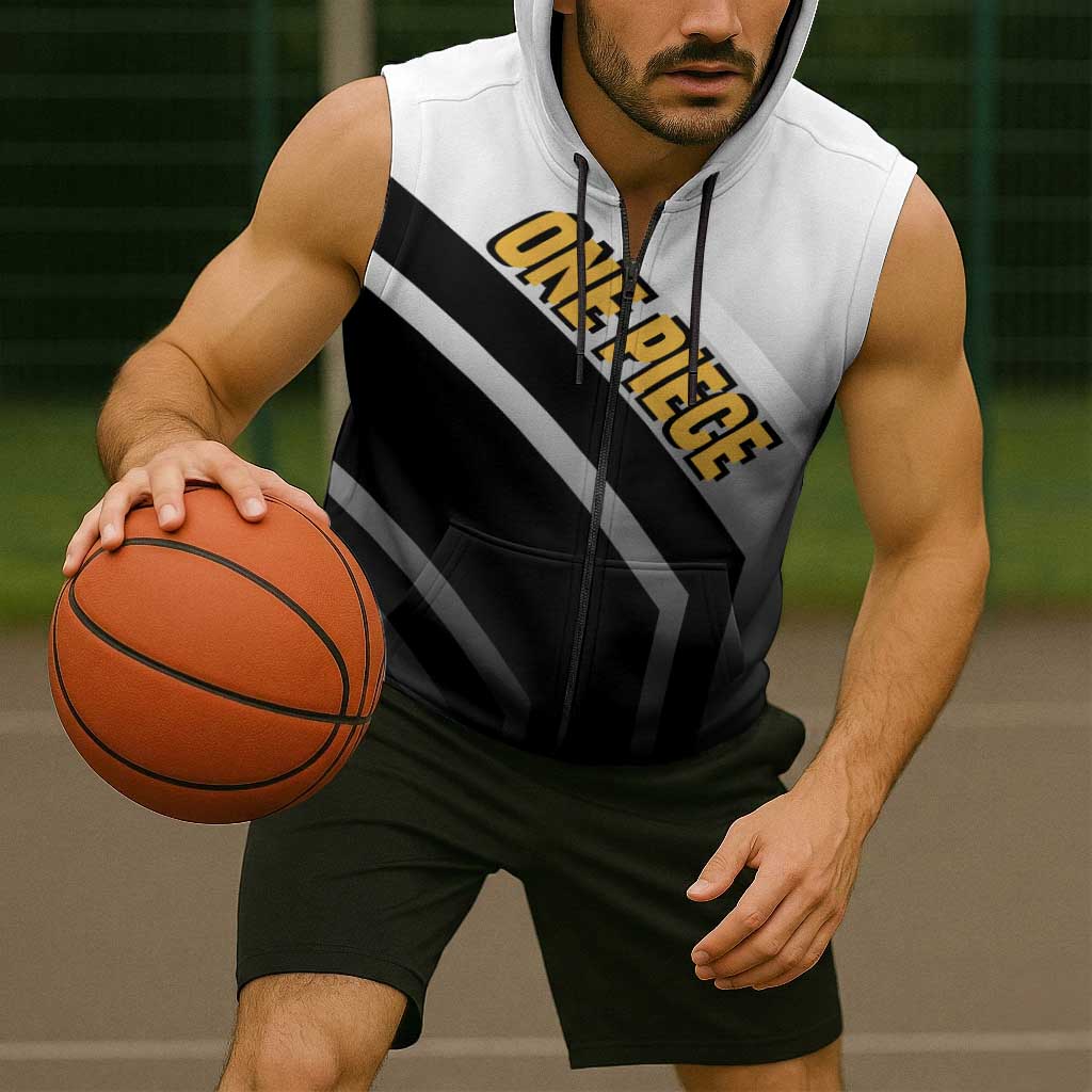 Trafalgar D. Law One Piece Sleeveless Zip Hoodie with Sword and Strategic Battle Pose Design - The Mazicc