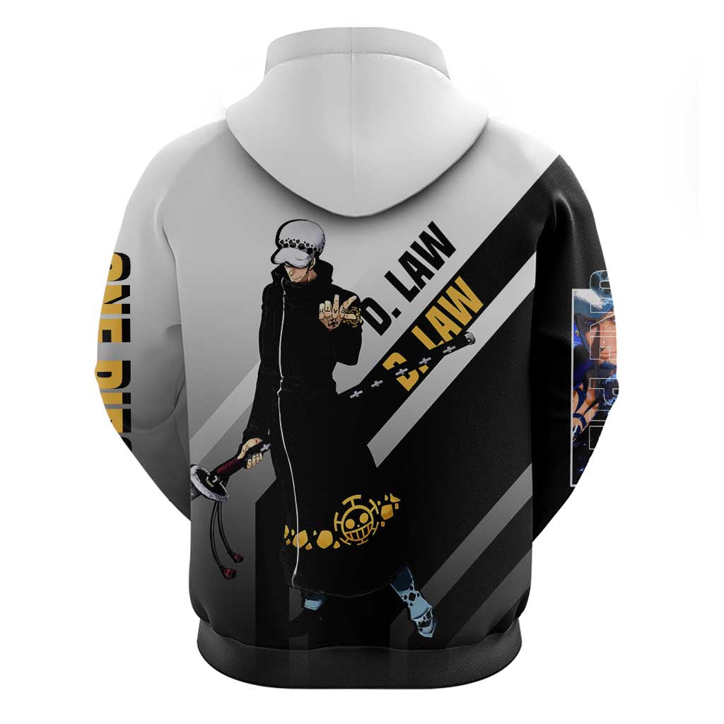 Trafalgar D. Law One Piece Zip Hoodie with Sword and Strategic Battle Pose Design - The Mazicc