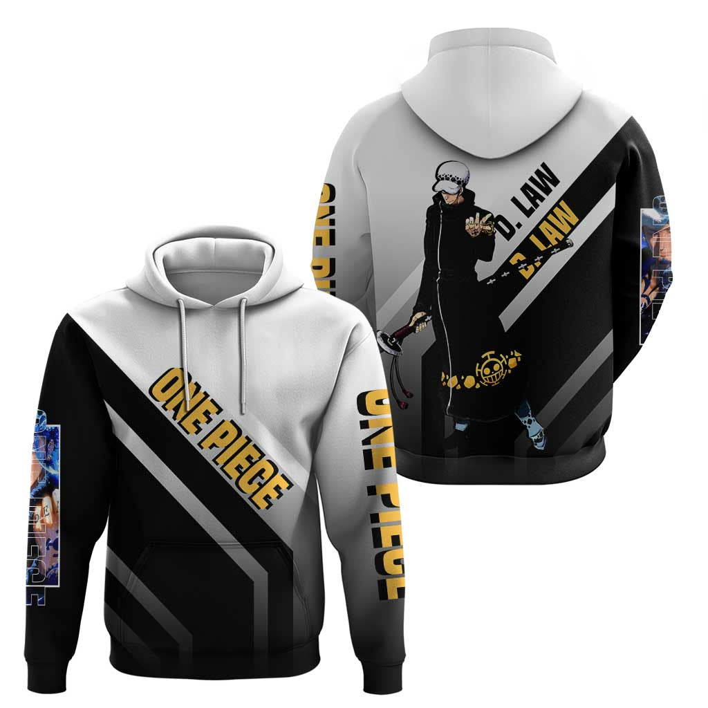 Trafalgar D. Law One Piece Zip Hoodie with Sword and Strategic Battle Pose Design - The Mazicc