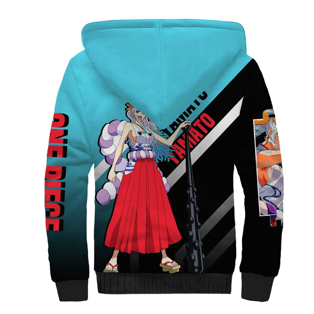 Yamato One Piece Sherpa Hoodie with Fierce Battle Pose and Energetic Design - The Mazicc