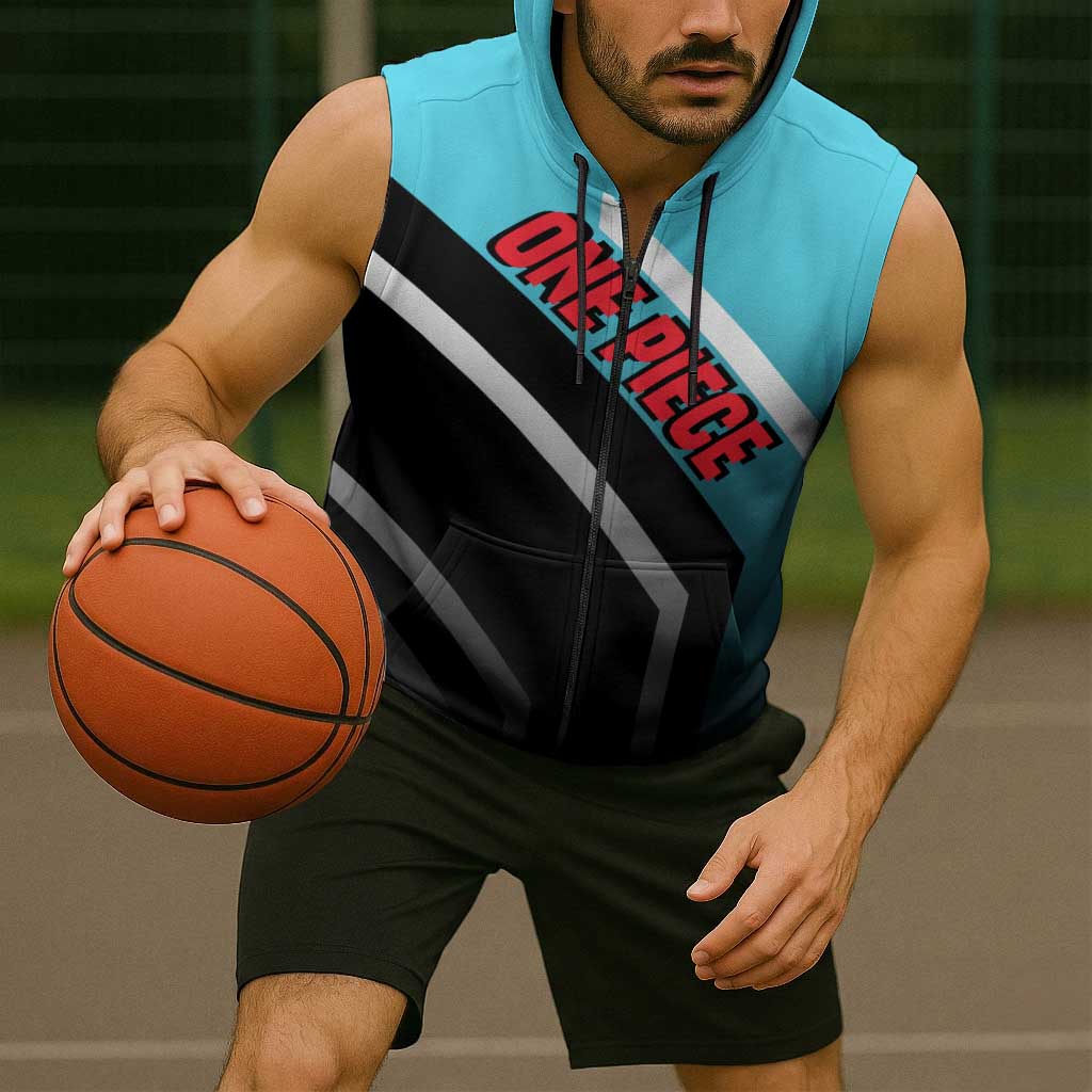 Yamato One Piece Sleeveless Zip Hoodie with Fierce Battle Pose and Energetic Design - The Mazicc