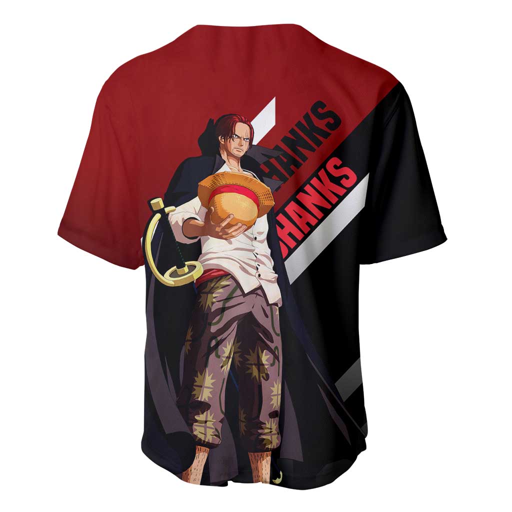 Shanks One Piece Baseball Jersey with Red-Haired Captain Pose and Bold Pirate Design - The Mazicc
