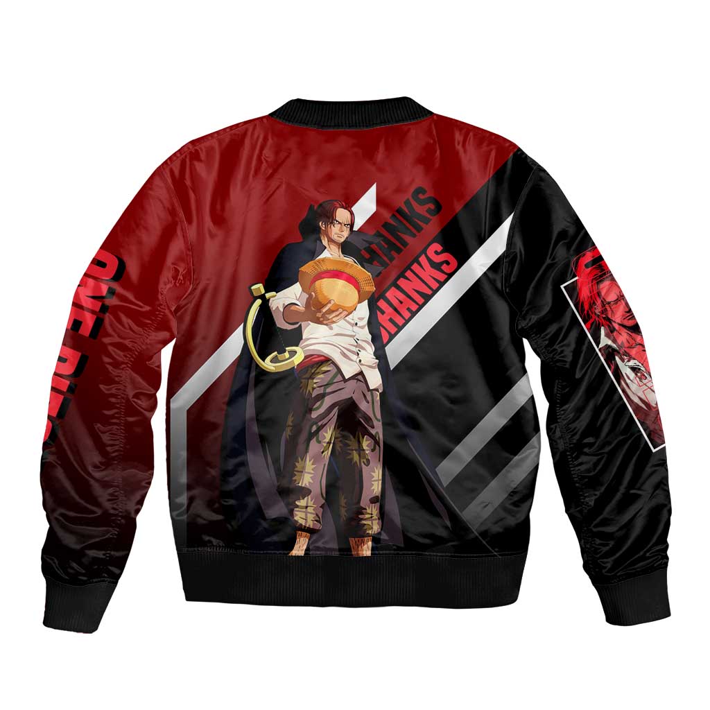Shanks One Piece Bomber Jacket with Red-Haired Captain Pose and Bold Pirate Design - The Mazicc