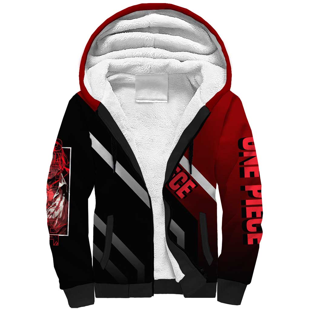 Shanks One Piece Sherpa Hoodie with Red-Haired Captain Pose and Bold Pirate Design - The Mazicc