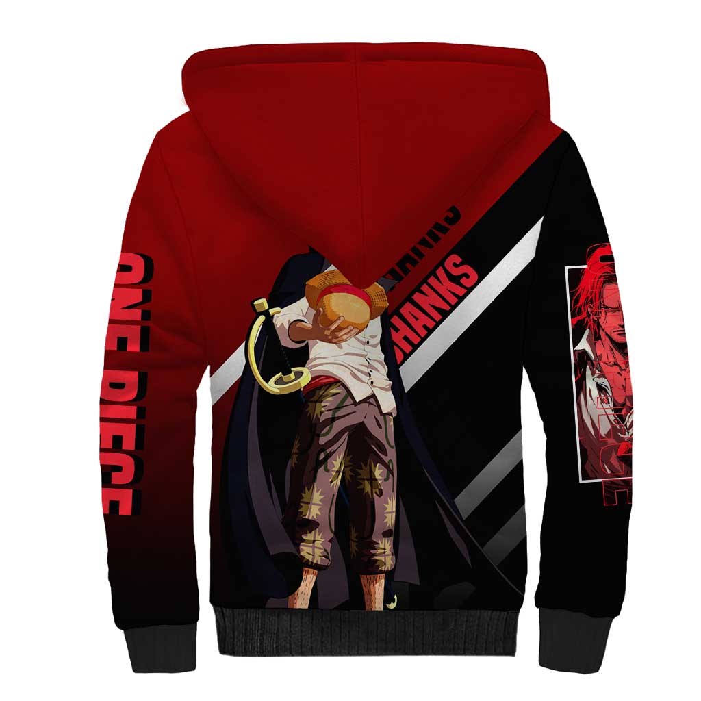 Shanks One Piece Sherpa Hoodie with Red-Haired Captain Pose and Bold Pirate Design - The Mazicc