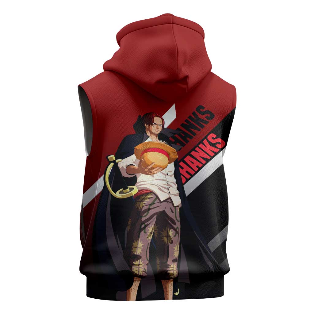 Shanks One Piece Sleeveless Hoodie with Red-Haired Captain Pose and Bold Pirate Design - The Mazicc