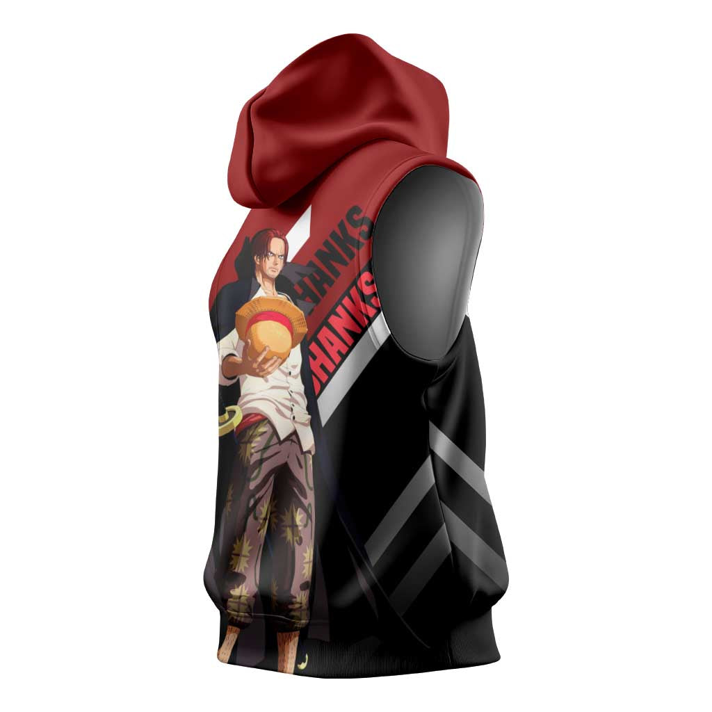 Shanks One Piece Sleeveless Hoodie with Red-Haired Captain Pose and Bold Pirate Design - The Mazicc