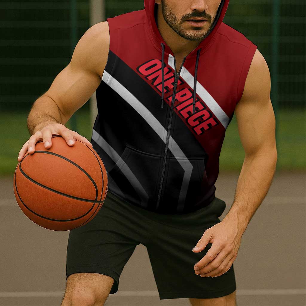 Shanks One Piece Sleeveless Zip Hoodie with Red-Haired Captain Pose and Bold Pirate Design - The Mazicc