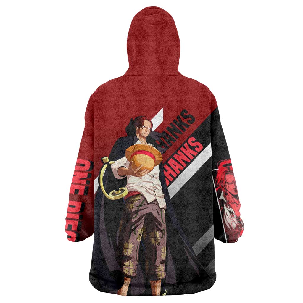 Shanks One Piece Wearable Blanket Hoodie with Red-Haired Captain Pose and Bold Pirate Design - The Mazicc