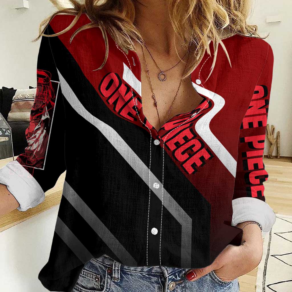 Shanks One Piece Women Casual Shirt with Red-Haired Captain Pose and Bold Pirate Design - The Mazicc