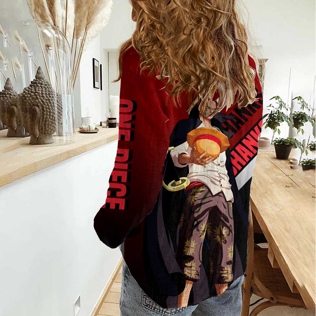 Shanks One Piece Women Casual Shirt with Red-Haired Captain Pose and Bold Pirate Design - The Mazicc