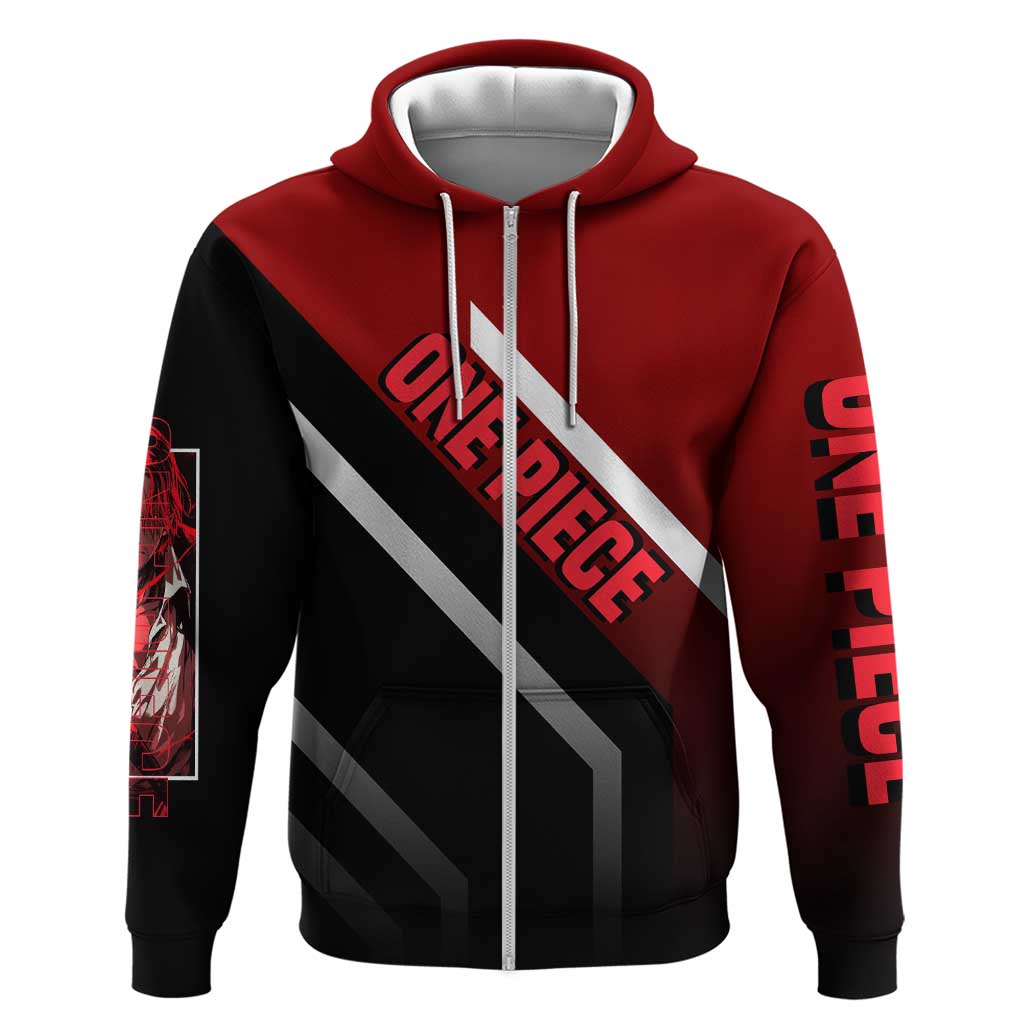 Shanks One Piece Zip Hoodie with Red-Haired Captain Pose and Bold Pirate Design - The Mazicc